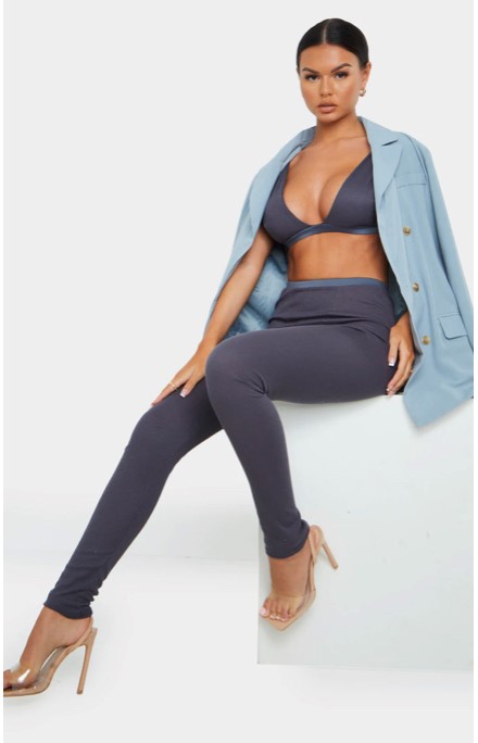 Charcoal grey ribbed high waist leggings and deep plunge bralette set –  Rype Curves